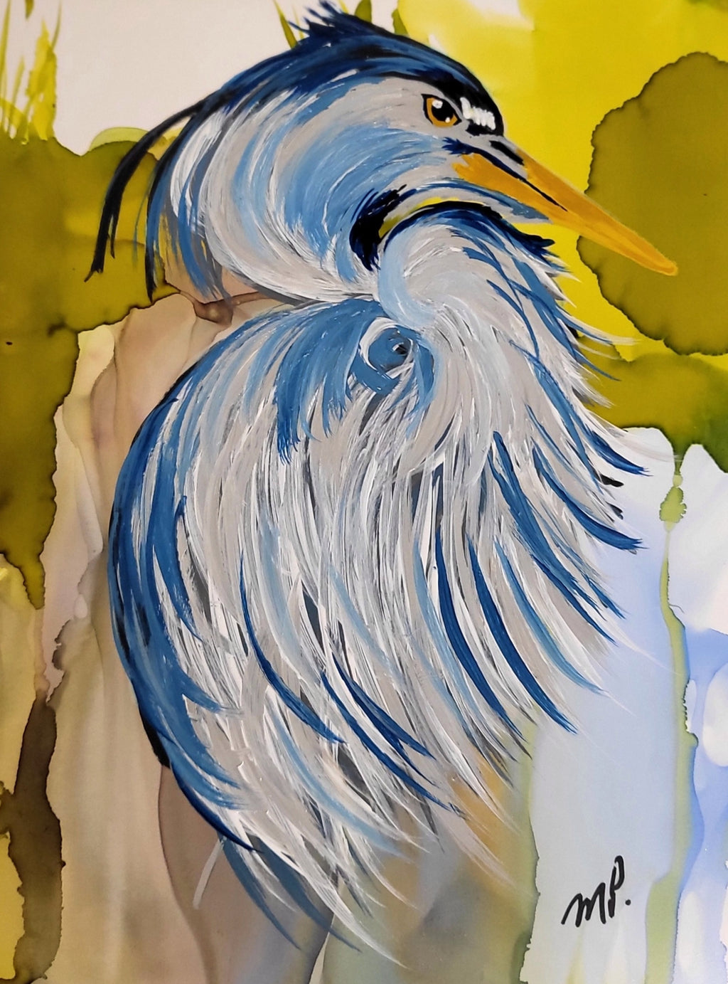 Silent Sentinel - Original Acrylic and Alcohol Ink Abstract Heron 12x15" Framed