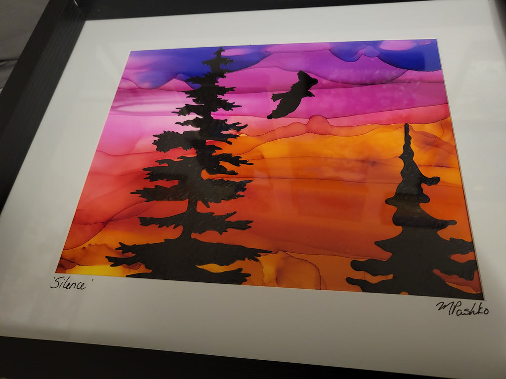 Silence - Original Acrylic and Alcohol Ink Sunset Painting 12x15" Framed