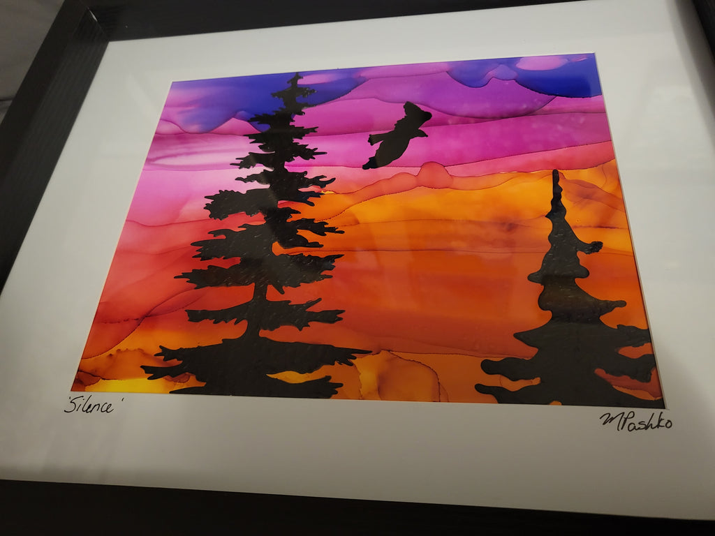 Silence - Original Acrylic and Alcohol Ink Sunset Painting 12x15" Framed