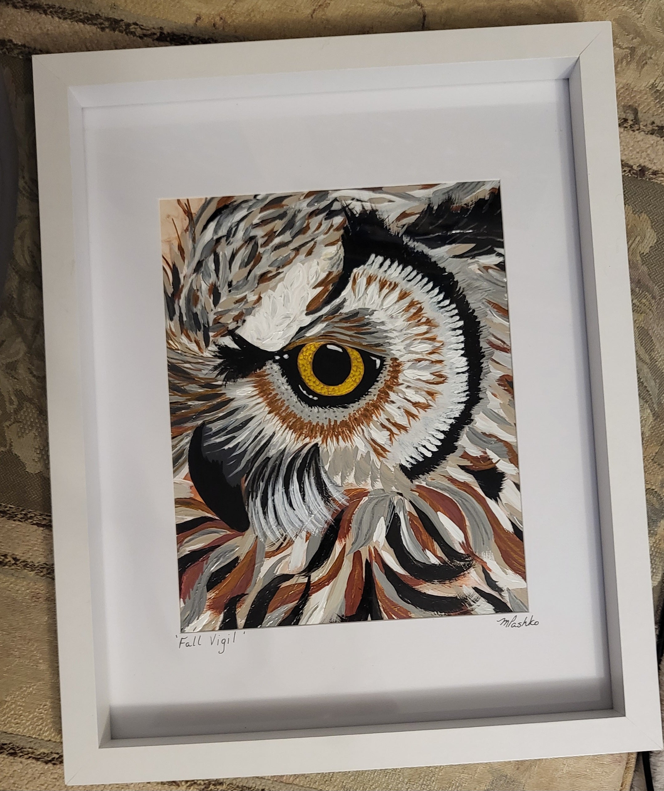 Fall Vigil - Framed Acrylic Owl Painting on Alcohol Ink Background 12x15"