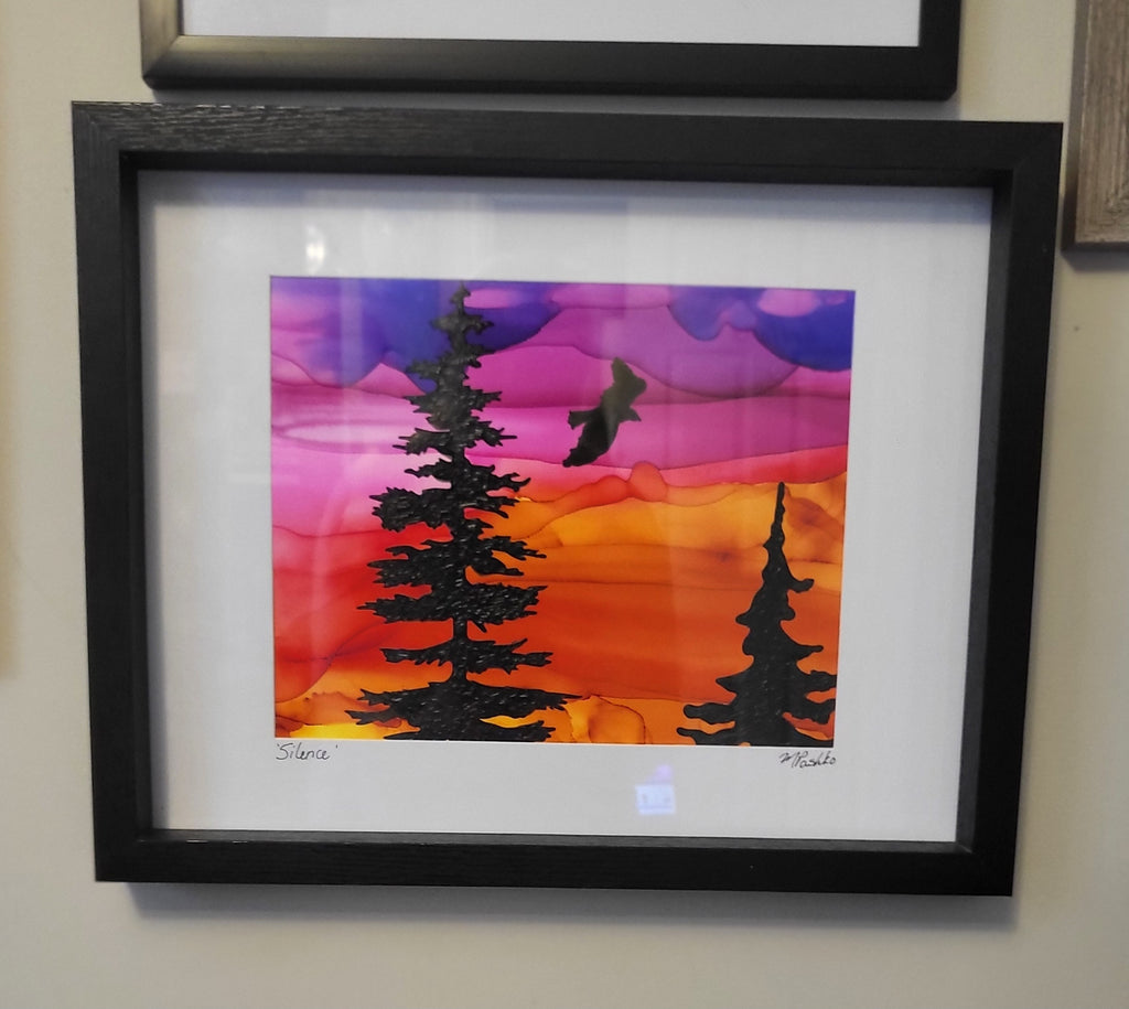 Silence - Original Acrylic and Alcohol Ink Sunset Painting 12x15" Framed