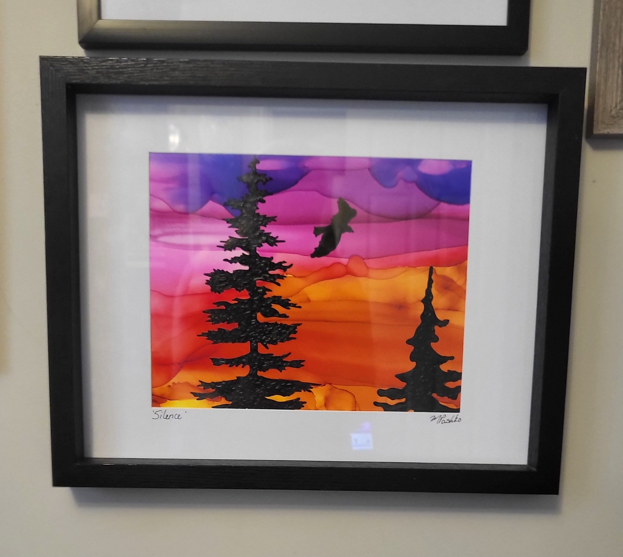 Silence - Original Acrylic and Alcohol Ink Sunset Painting 12x15" Framed