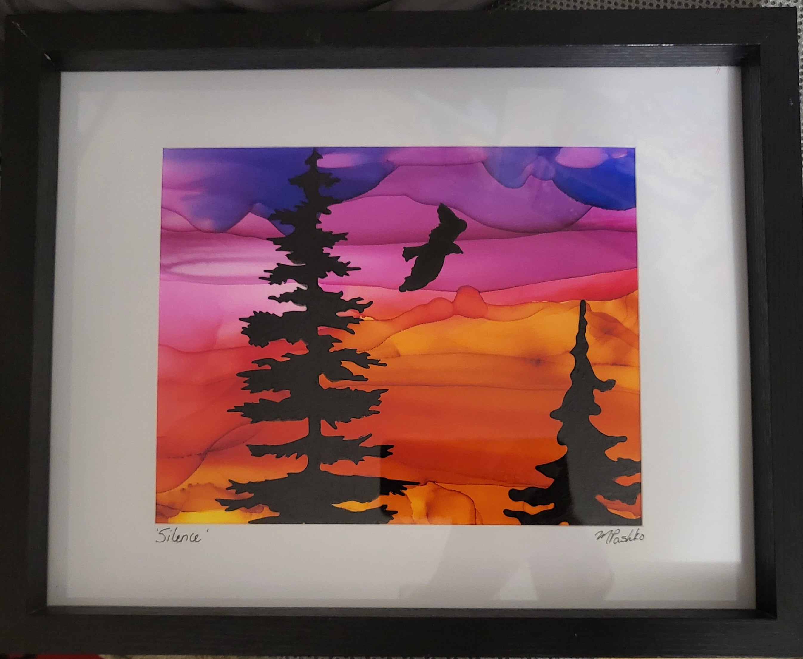 Silence - Original Acrylic and Alcohol Ink Sunset Painting 12x15" Framed