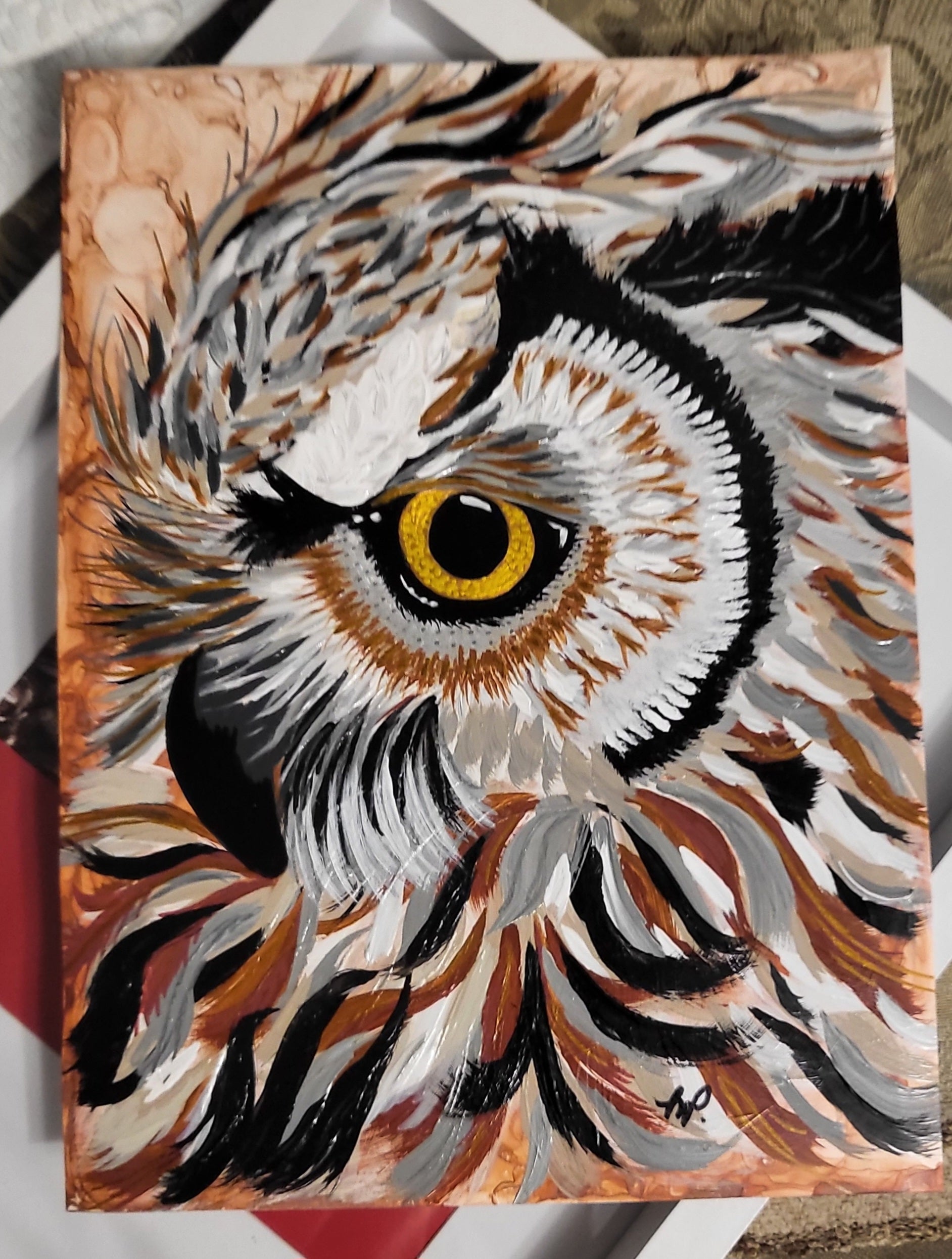 Fall Vigil - Framed Acrylic Owl Painting on Alcohol Ink Background 12x15"