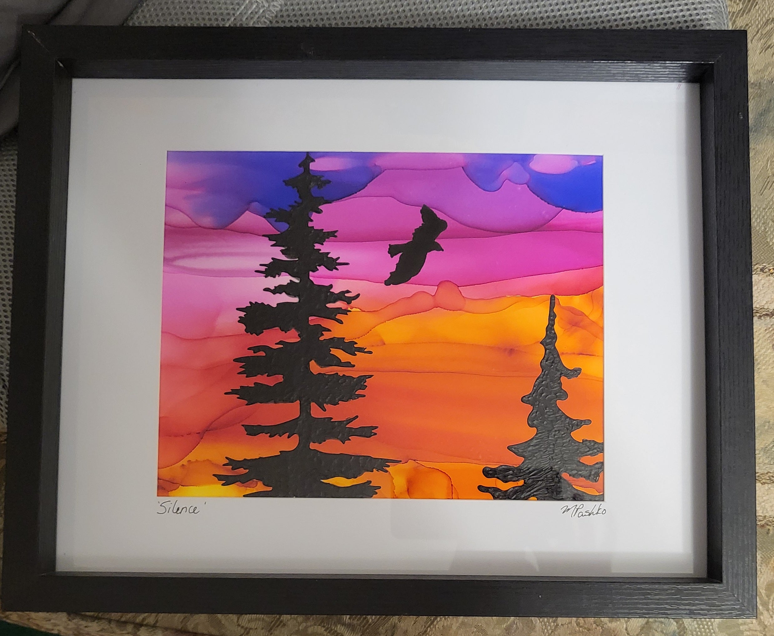 Silence - Original Acrylic and Alcohol Ink Sunset Painting 12x15" Framed