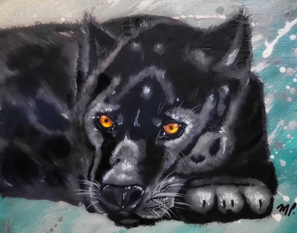 Cautious Slumber - Acrylic Black Panther Painting 12x15" Framed