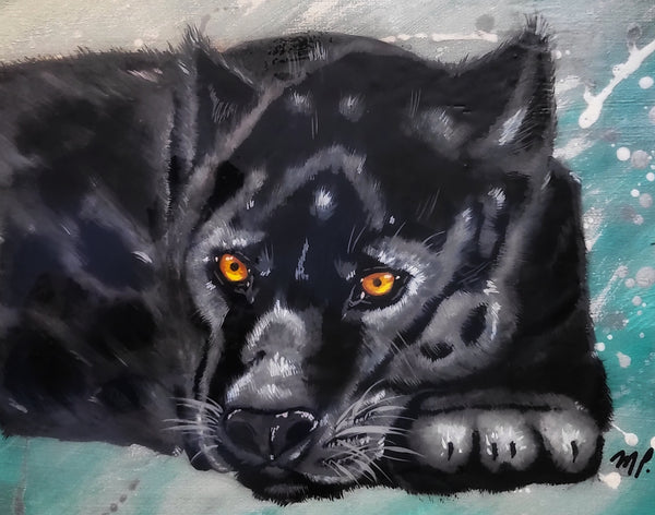 Cautious Slumber - Acrylic Black Panther Painting 12x15" Framed
