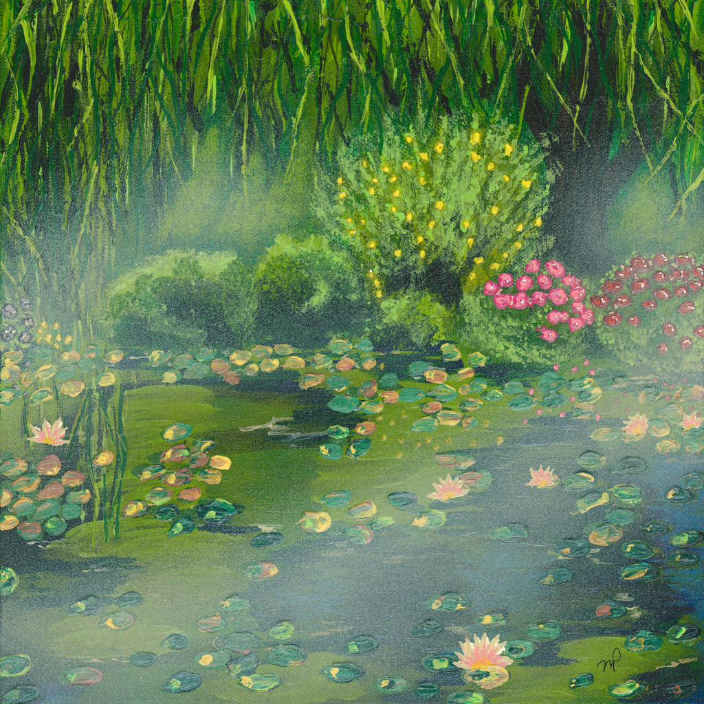 Peaceful Reflections - Original Acrylic Impasto Pond Landscape Artwork 12x12"