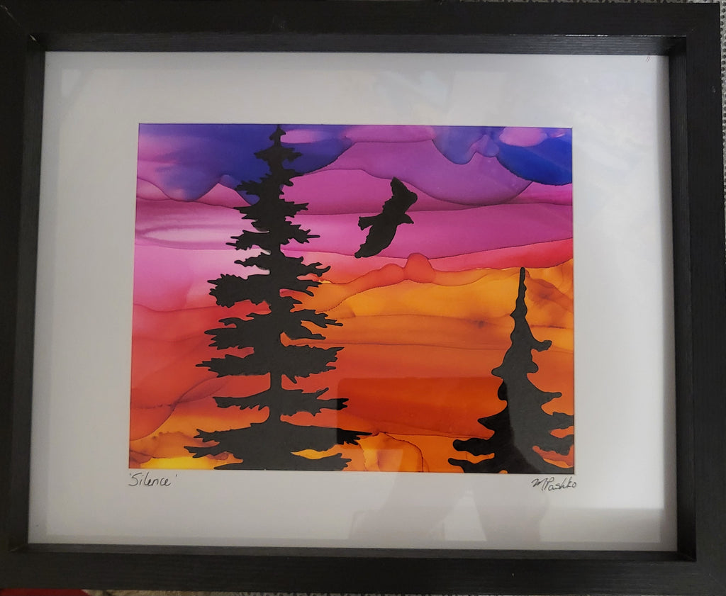 Silence - Original Acrylic and Alcohol Ink Sunset Painting 12x15" Framed