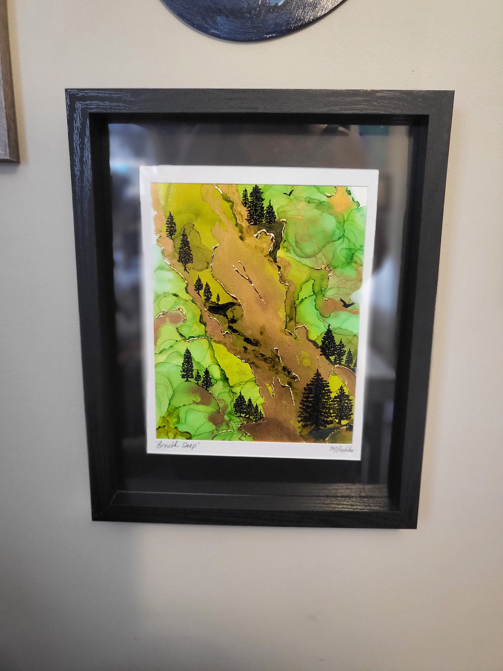 Breathe Deep - Original Acrylic, Gold Gilding, and Alcohol Ink Mountainside Painting 12x15" Framed