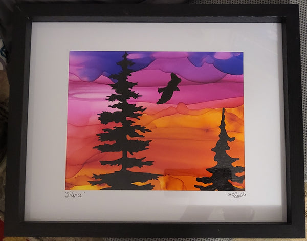 Silence - Original Acrylic and Alcohol Ink Sunset Painting 12x15" Framed