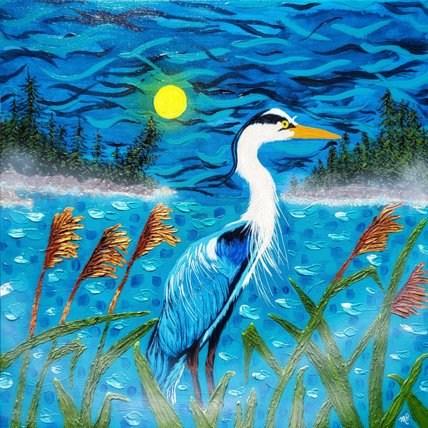 Night Shift - Original Acrylic Impasto Blue Heron Artwork in Lakeside Landscape 20x20"