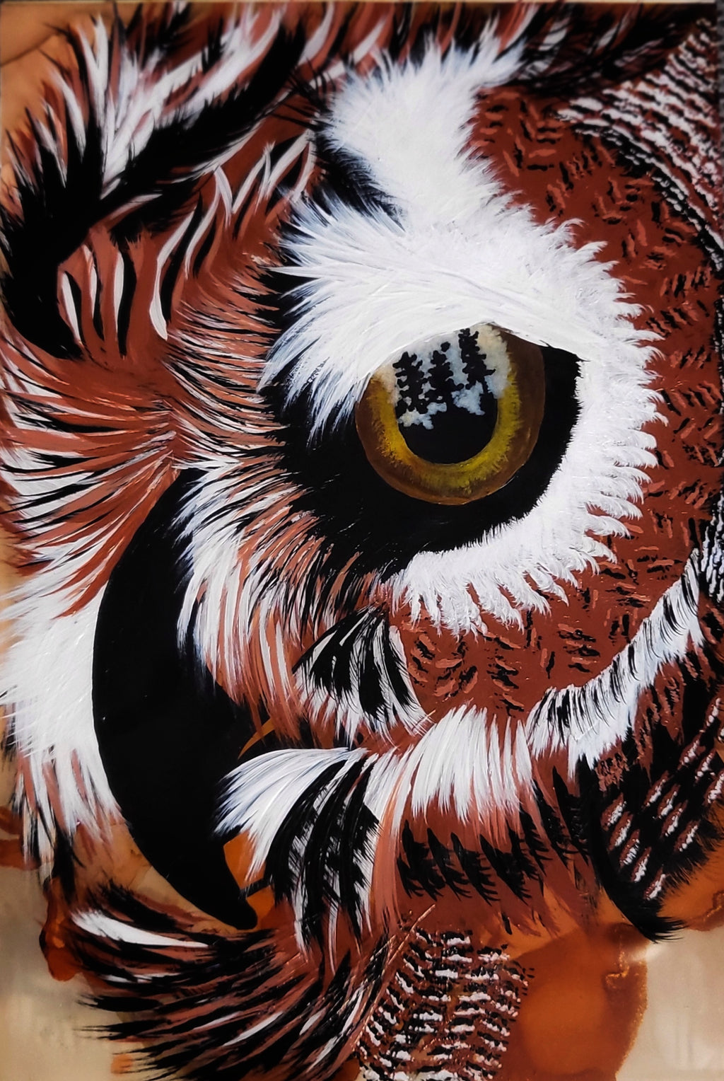 Reflections - Series #1 - Framed Owl Acrylic Painting on Alcohol Ink background 12x15"