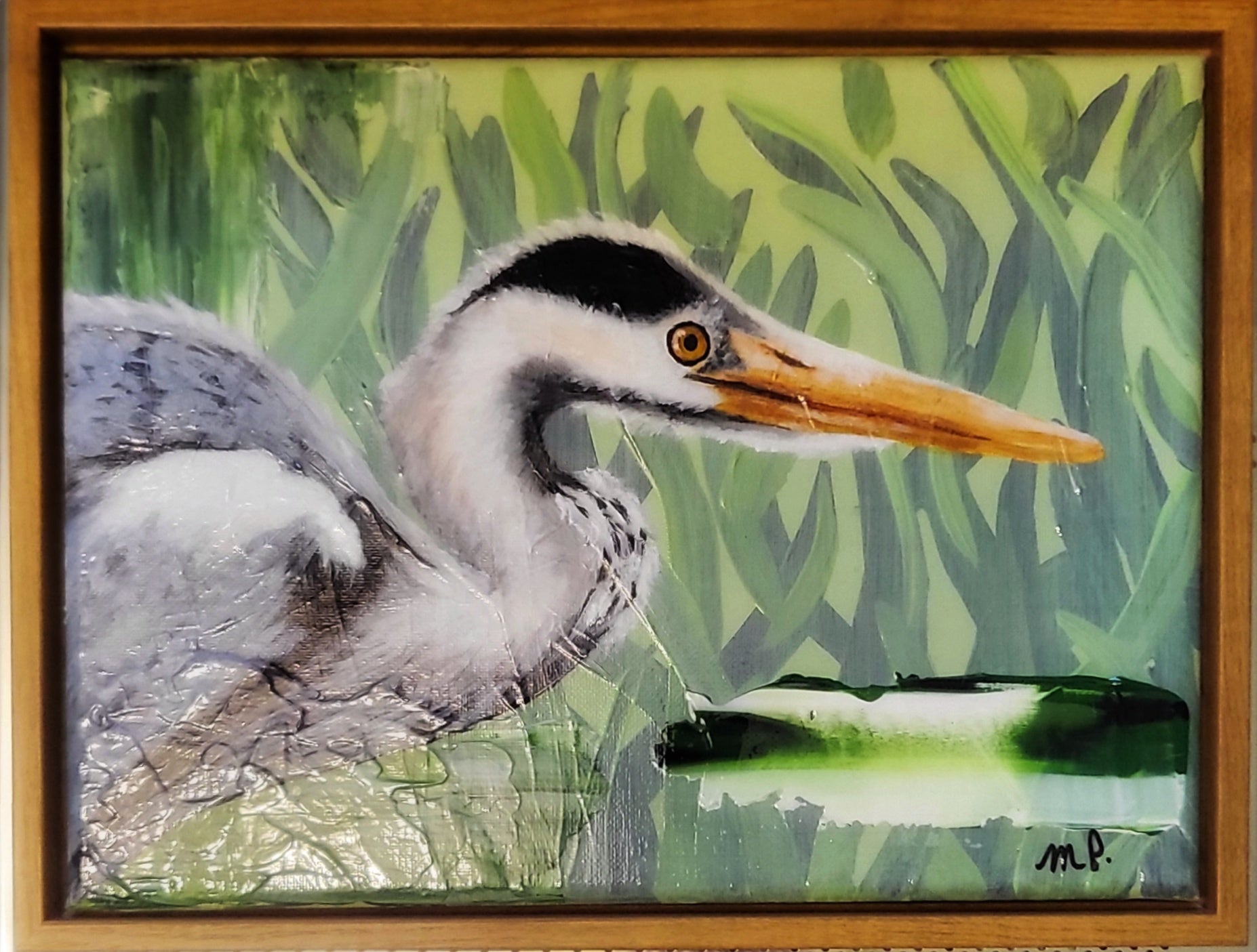 Anticipation -Acrylic Blue Heron Artwork 9x12" Framed