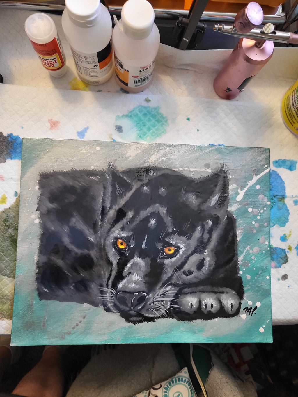 Cautious Slumber - Acrylic Black Panther Painting 12x15" Framed