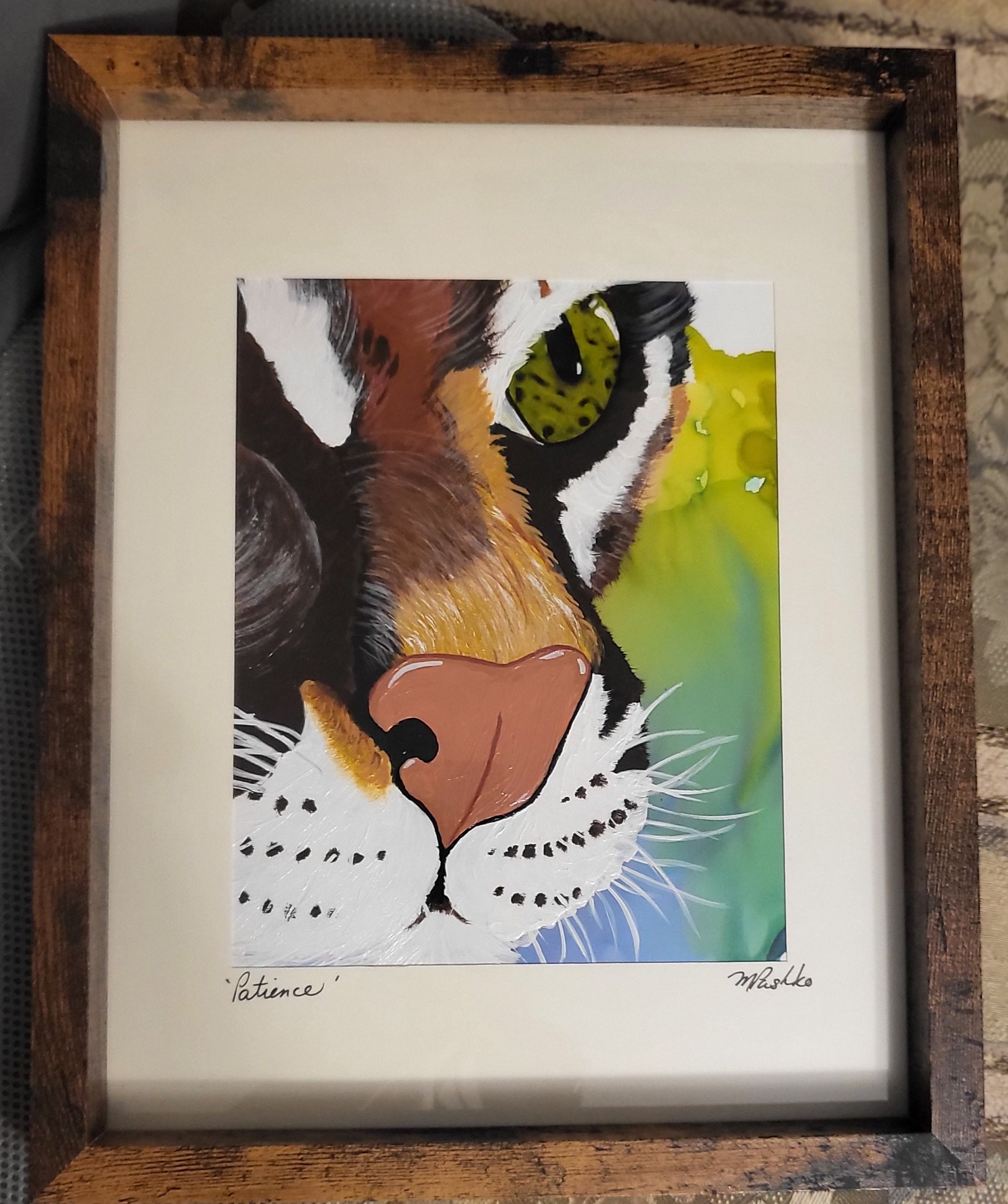 Patience- Original Acrylic Ocelot Painting on Alcohol Ink Background 12x15" Framed