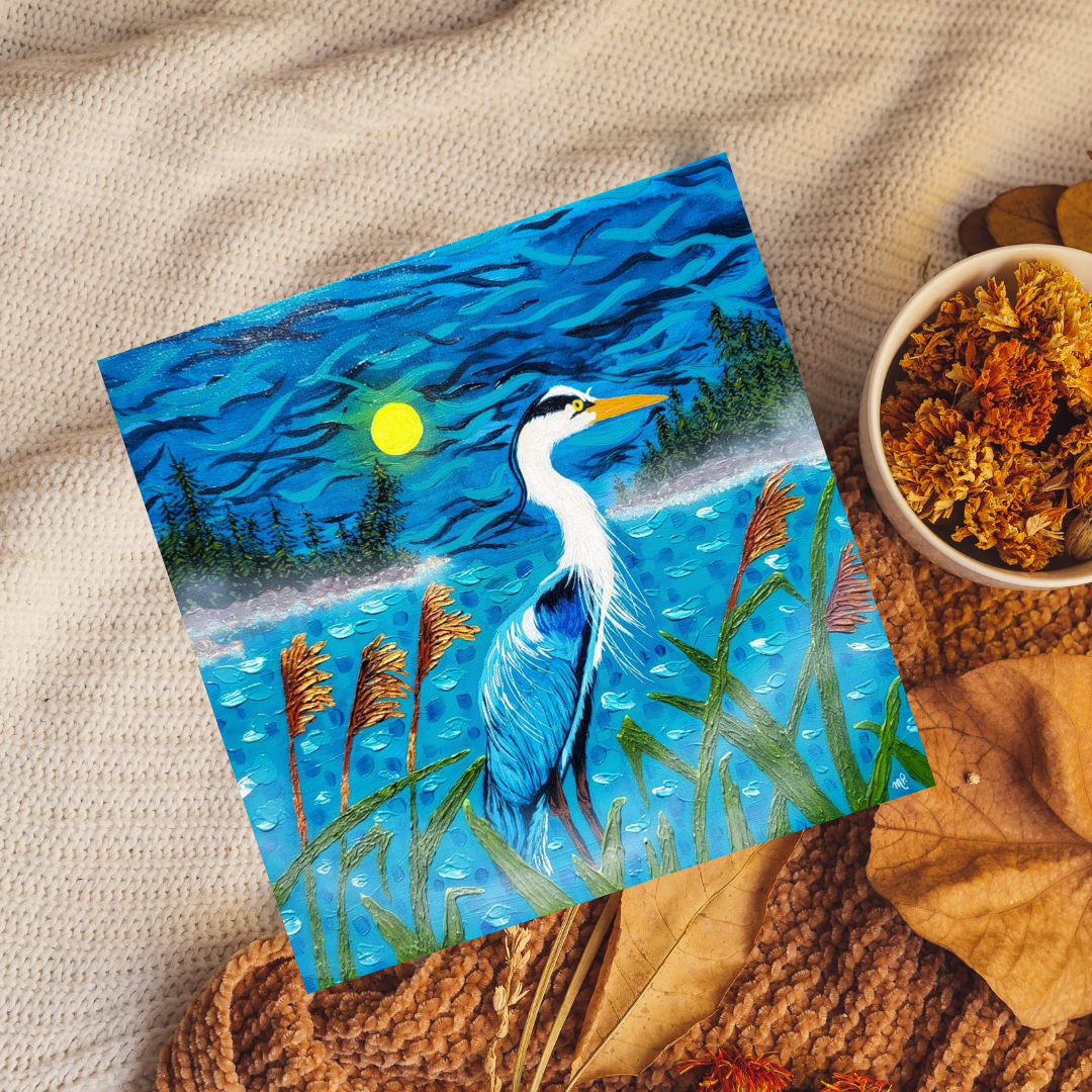 Night Shift - Original Acrylic Impasto Blue Heron Artwork in Lakeside Landscape 20x20"