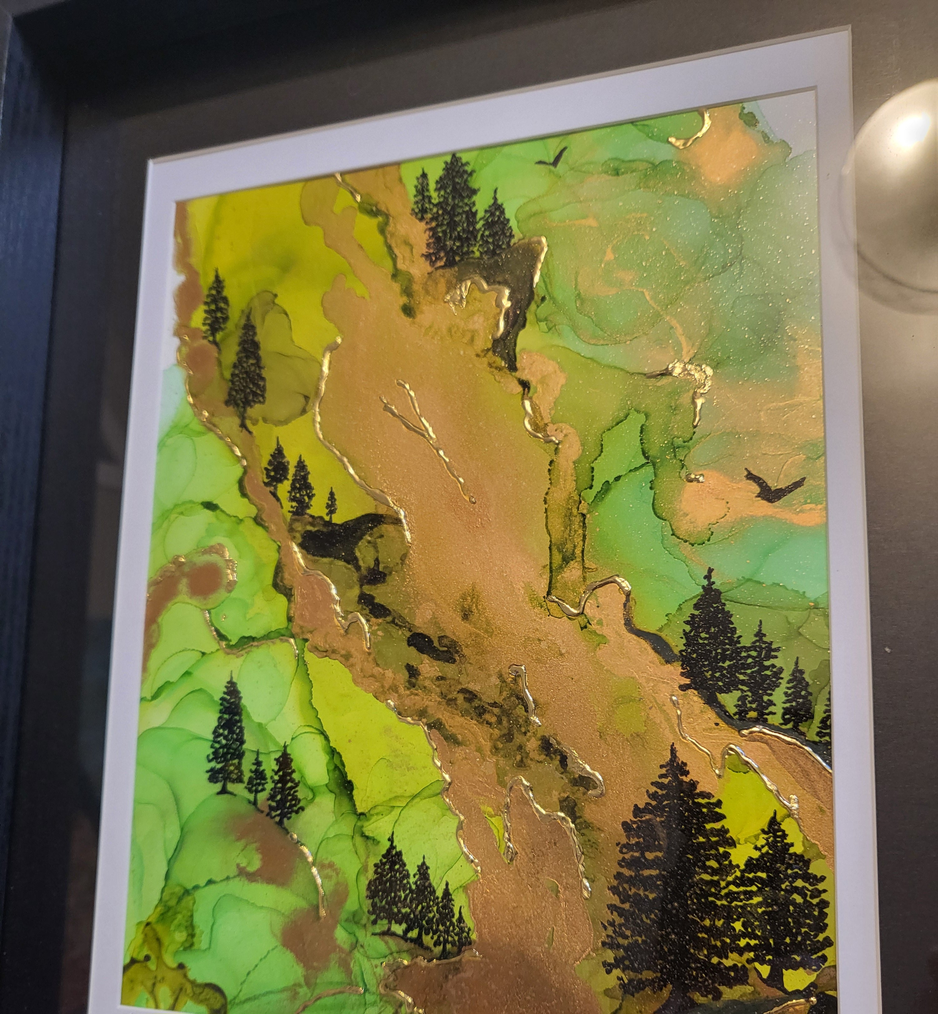 Breathe Deep - Original Acrylic, Gold Gilding, and Alcohol Ink Mountainside Painting 12x15" Framed