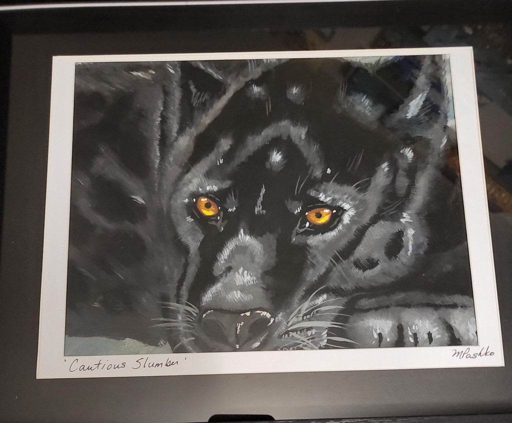 Cautious Slumber - Acrylic Black Panther Painting 12x15" Framed