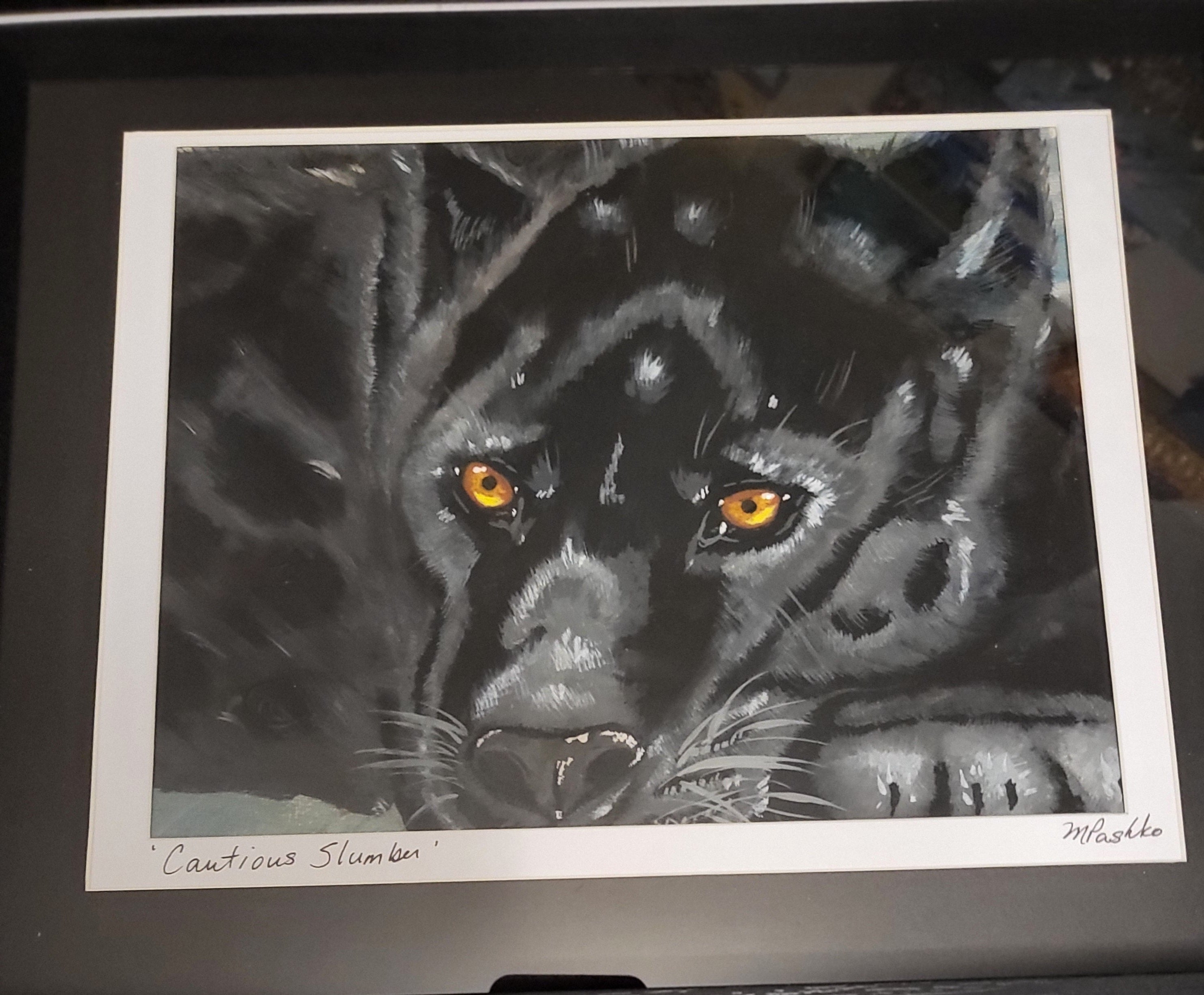 Cautious Slumber - Acrylic Black Panther Painting 12x15" Framed