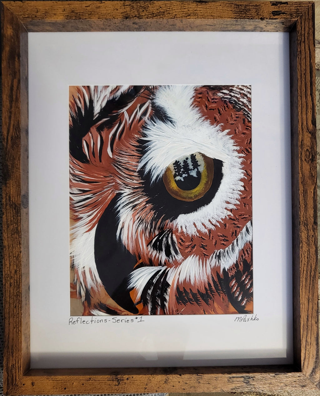 Reflections - Series #1 - Framed Owl Acrylic Painting on Alcohol Ink background 12x15"