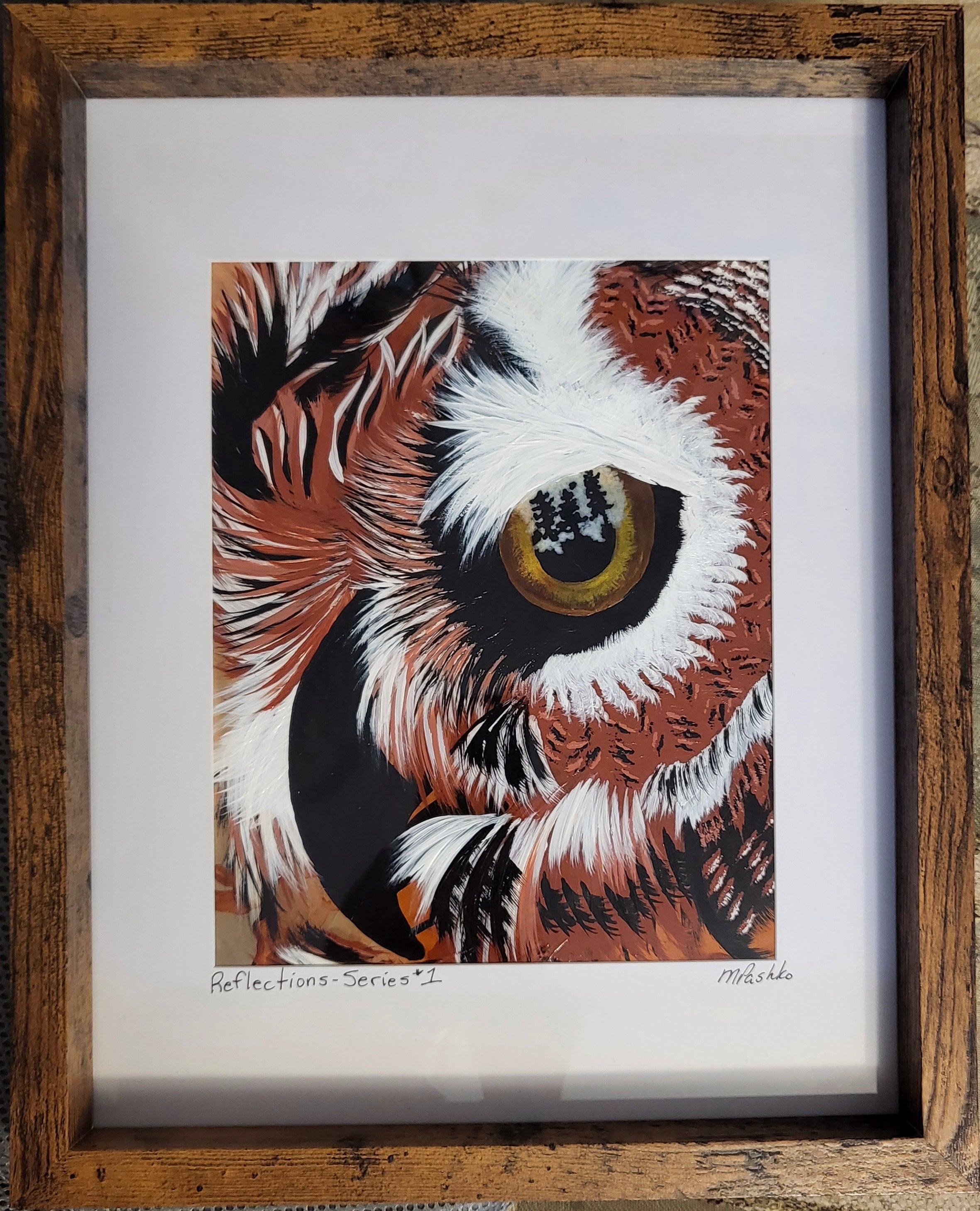 Reflections - Series #1 - Framed Owl Acrylic Painting on Alcohol Ink background 12x15"