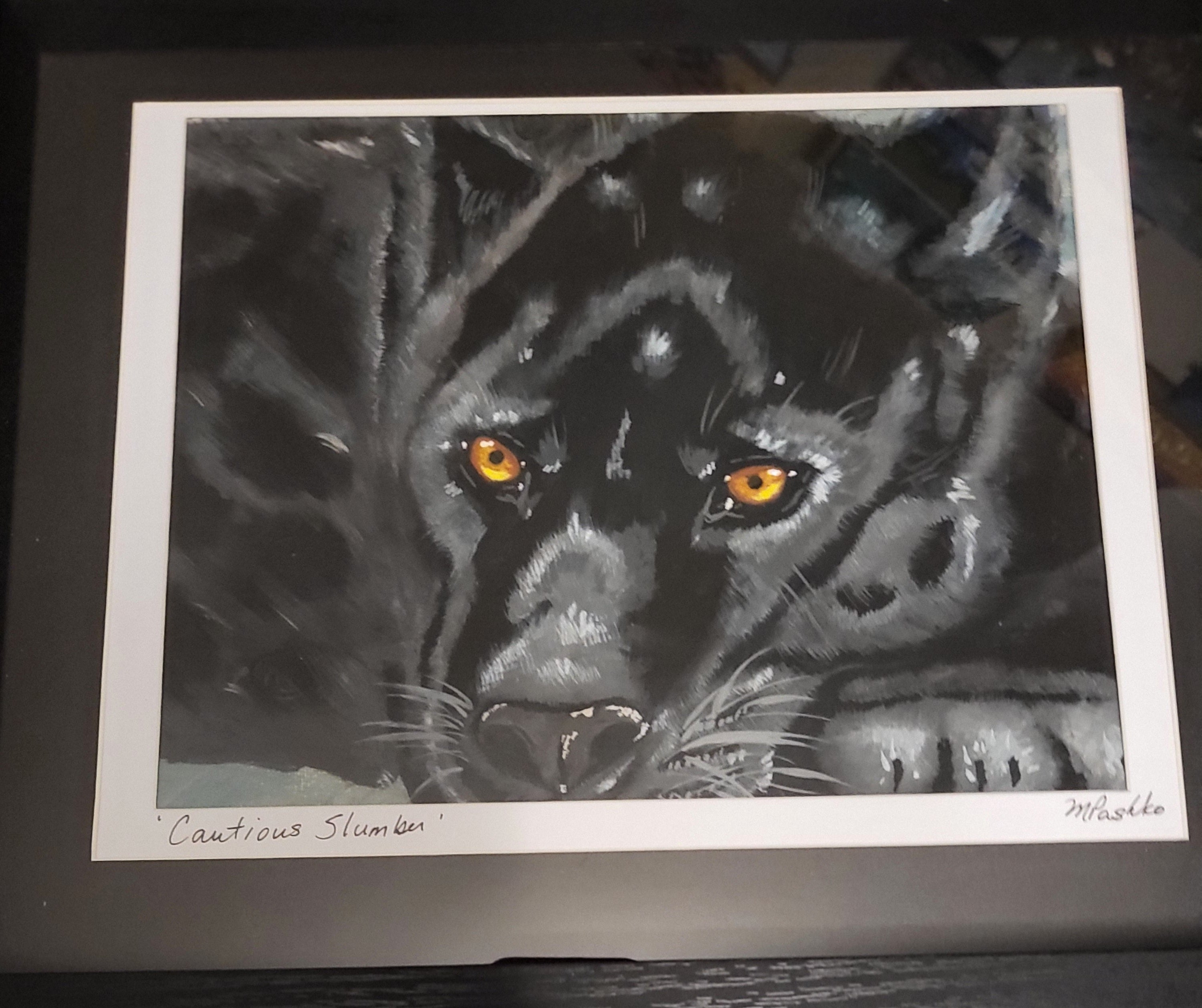 Cautious Slumber - Acrylic Black Panther Painting 12x15" Framed