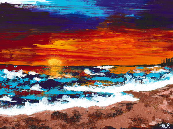 Sunset Walk - Original Acrylic Beach Sunset Painting 6x8"