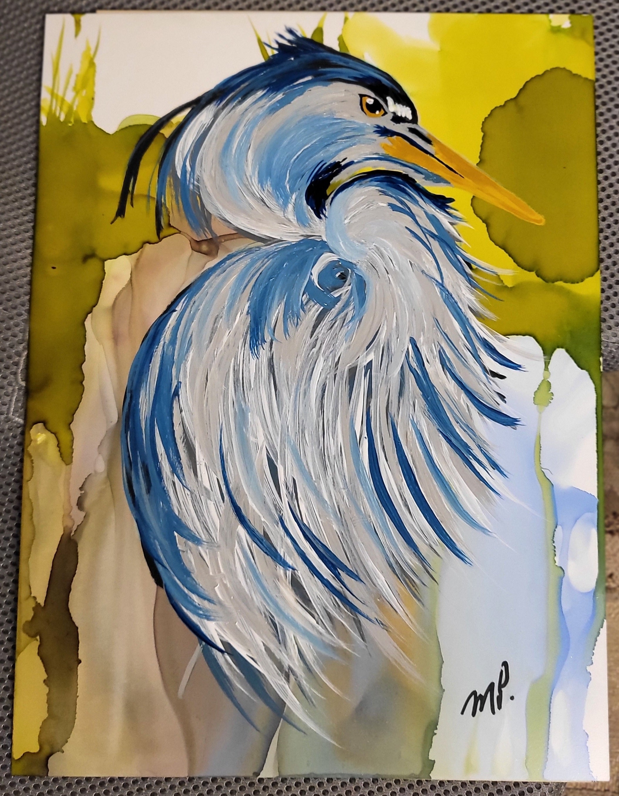 Silent Sentinel - Original Acrylic and Alcohol Ink Abstract Heron 12x15" Framed