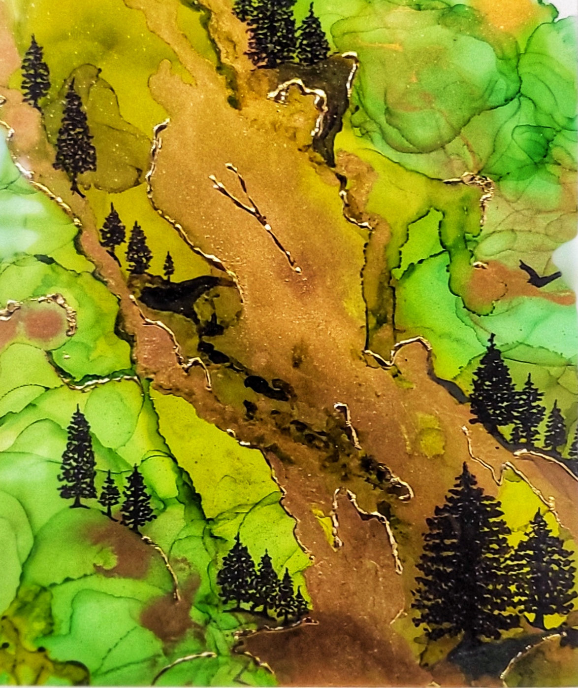 Breathe Deep - Original Acrylic, Gold Gilding, and Alcohol Ink Mountainside Painting 12x15" Framed