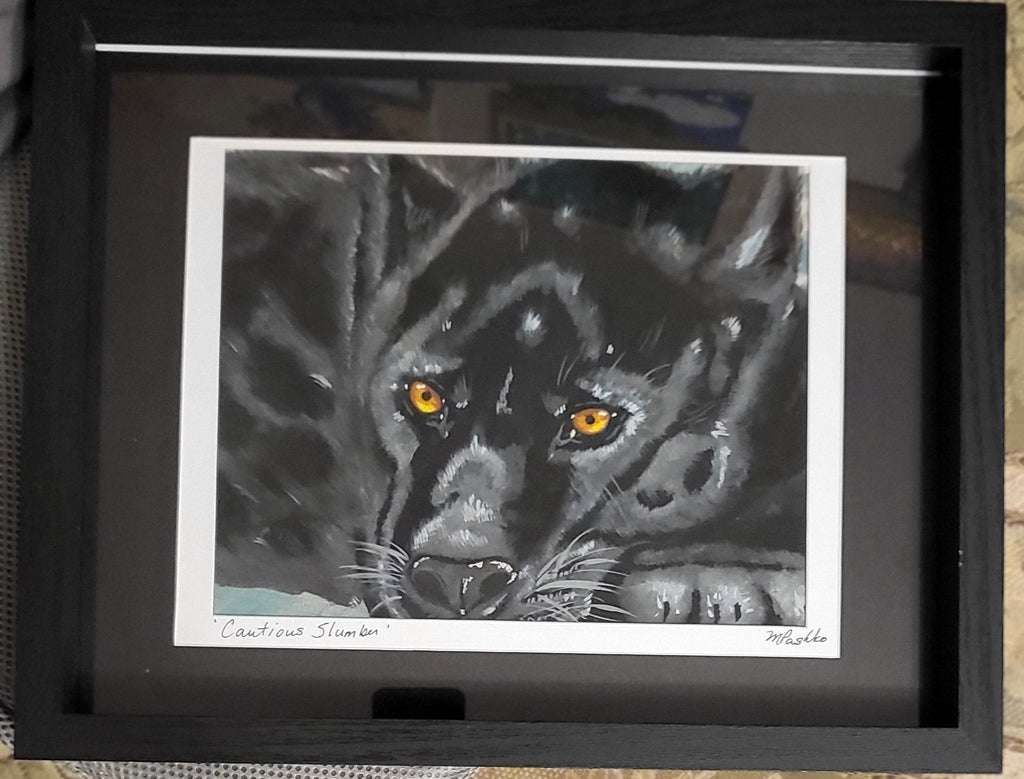 Cautious Slumber - Acrylic Black Panther Painting 12x15" Framed