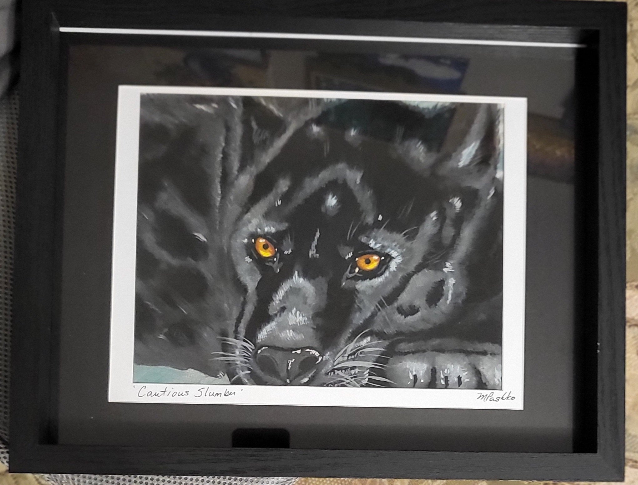 Cautious Slumber - Acrylic Black Panther Painting 12x15" Framed