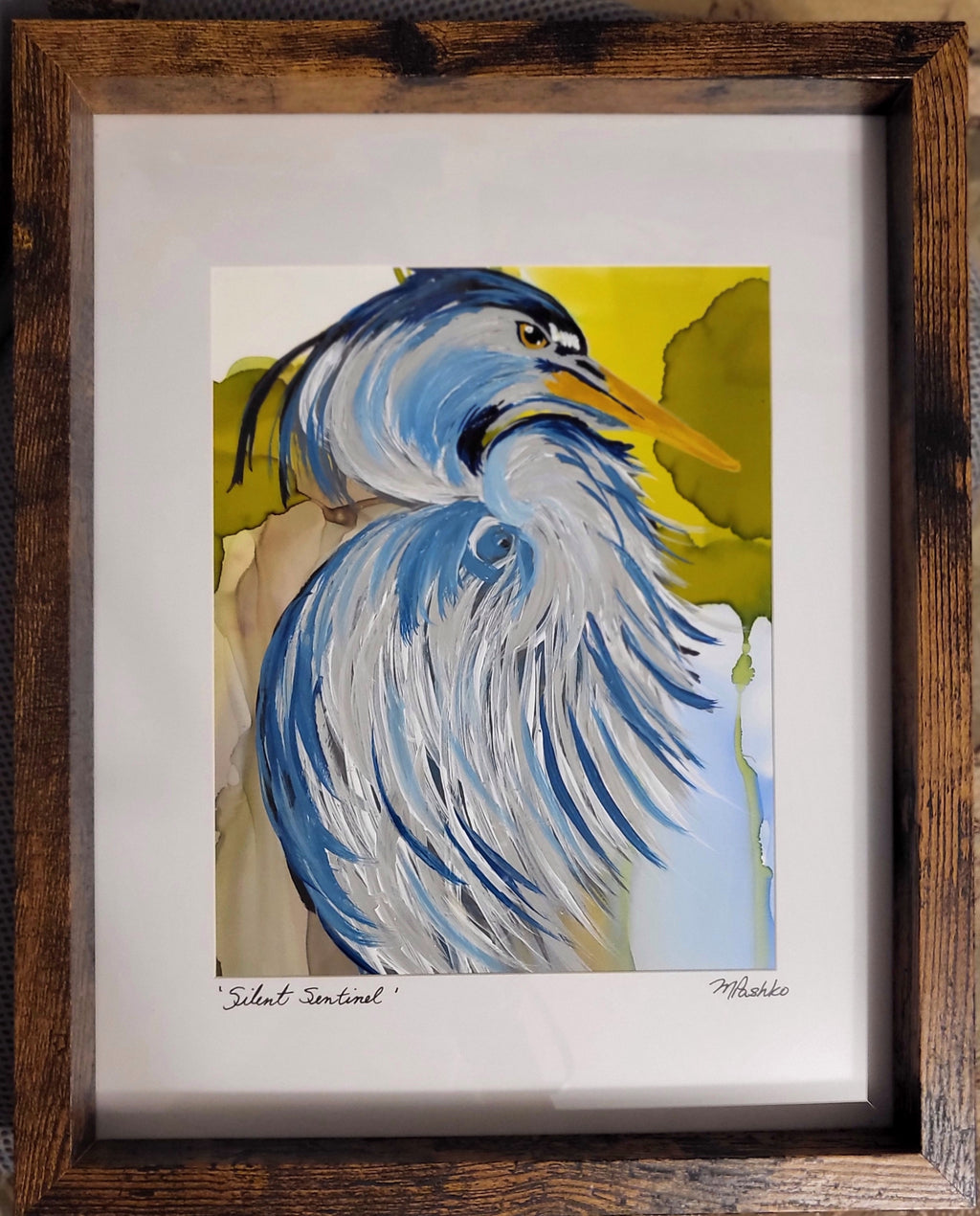 Silent Sentinel - Original Acrylic and Alcohol Ink Abstract Heron 12x15" Framed