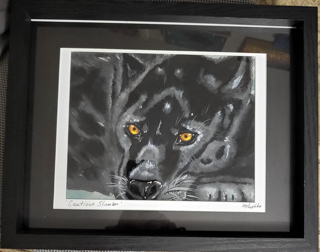 Cautious Slumber - Acrylic Black Panther Painting 12x15" Framed