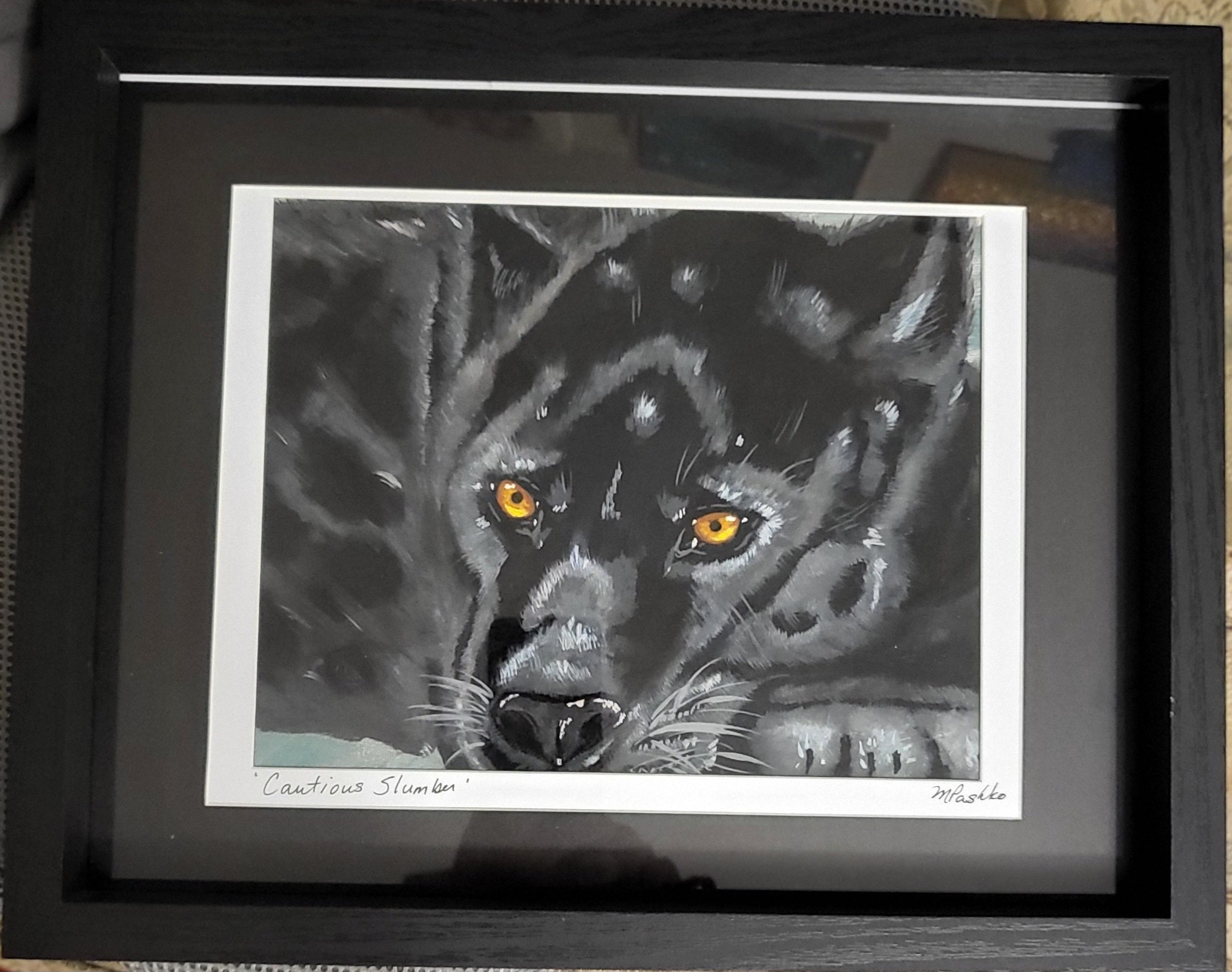 Cautious Slumber - Acrylic Black Panther Painting 12x15" Framed