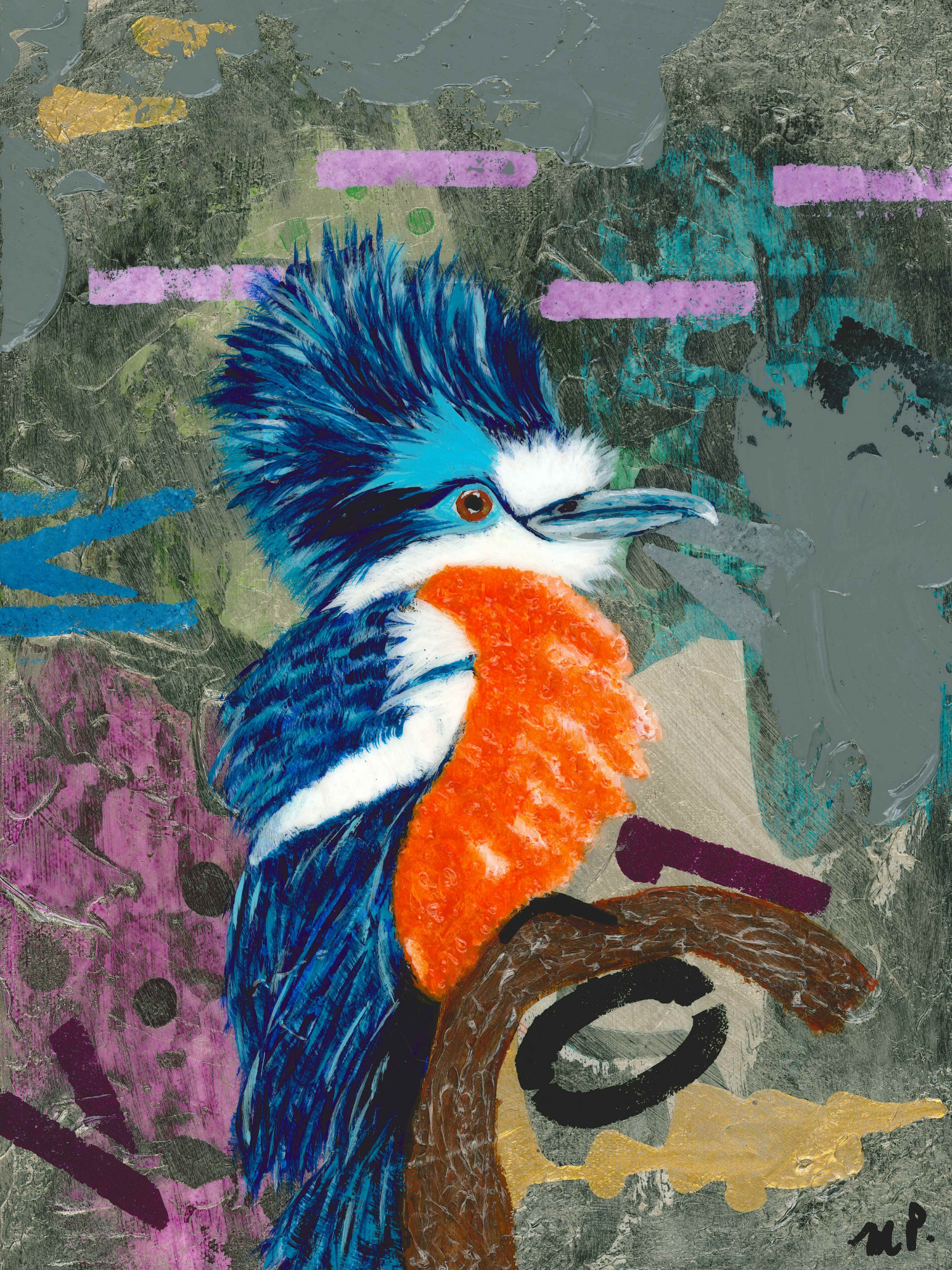 Confidence - Original Kingfisher Acrylic Painting with Abstract background 9x12"Gallery Wrapped Canvas