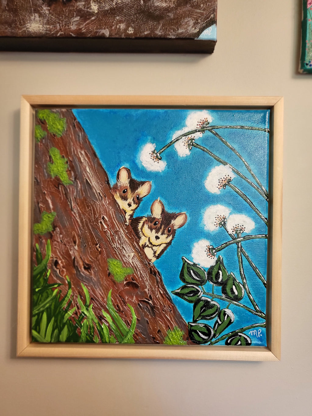 Shy Partners - Original Acrylic Chipmunks Impasto Painting 12x12" Framed