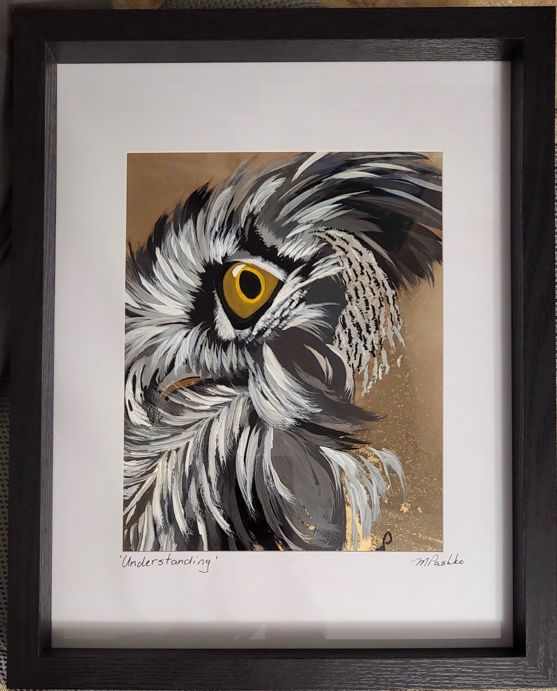 Understanding - Acrylic and Alcohol Ink Owl Framed 12x15"
