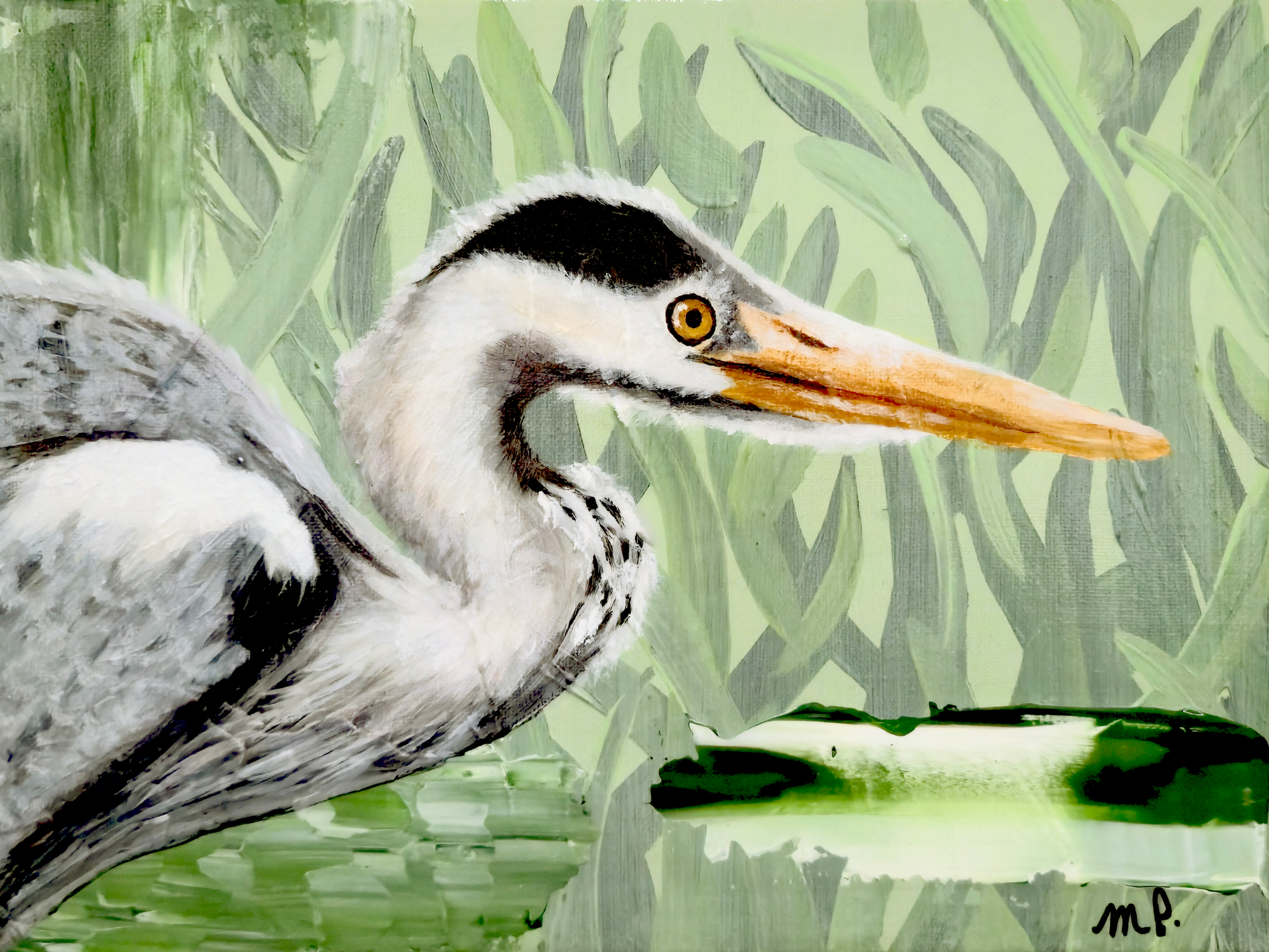 Anticipation -Acrylic Blue Heron Artwork 9x12" Framed