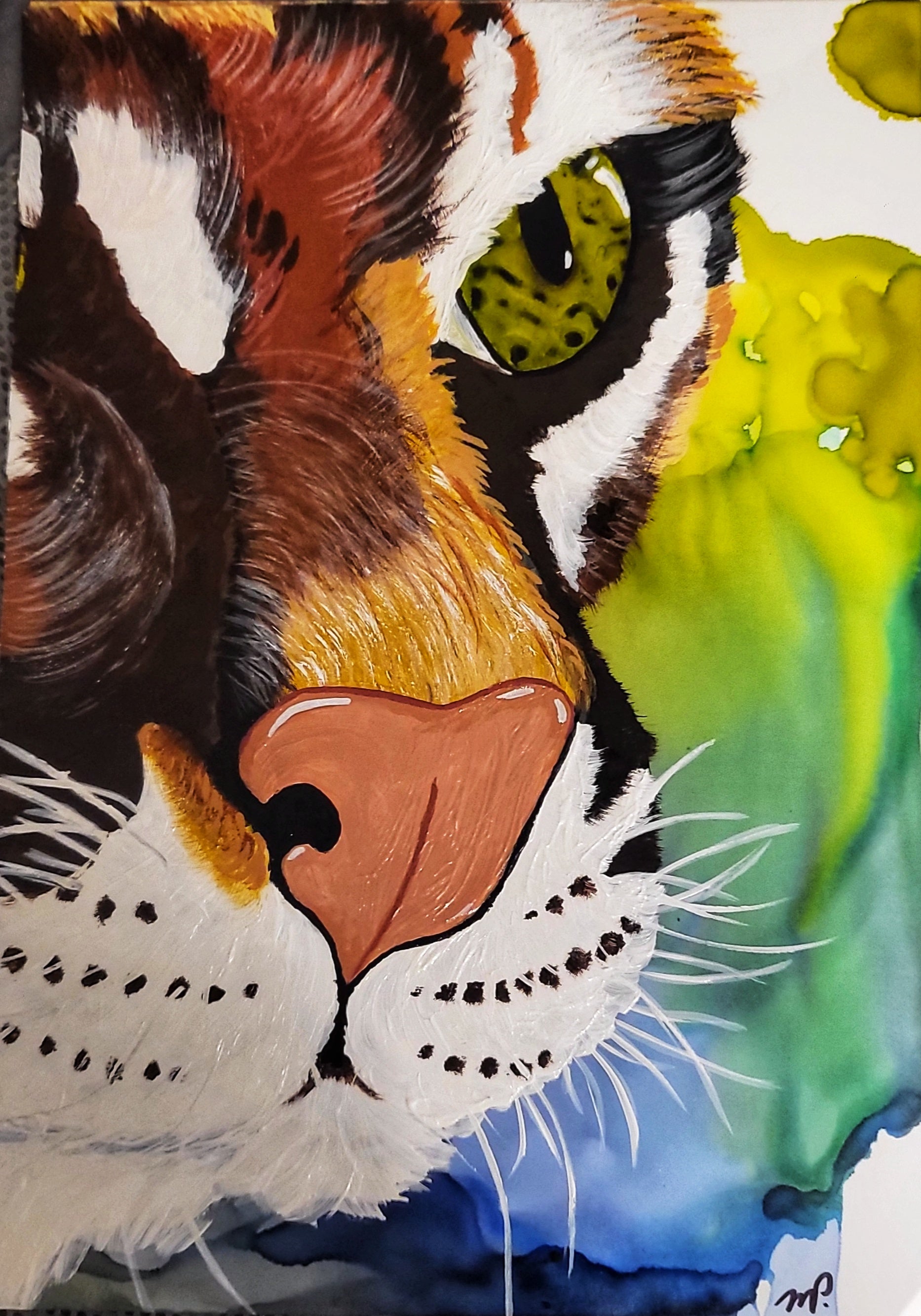 Patience- Original Acrylic Ocelot Painting on Alcohol Ink Background 12x15" Framed