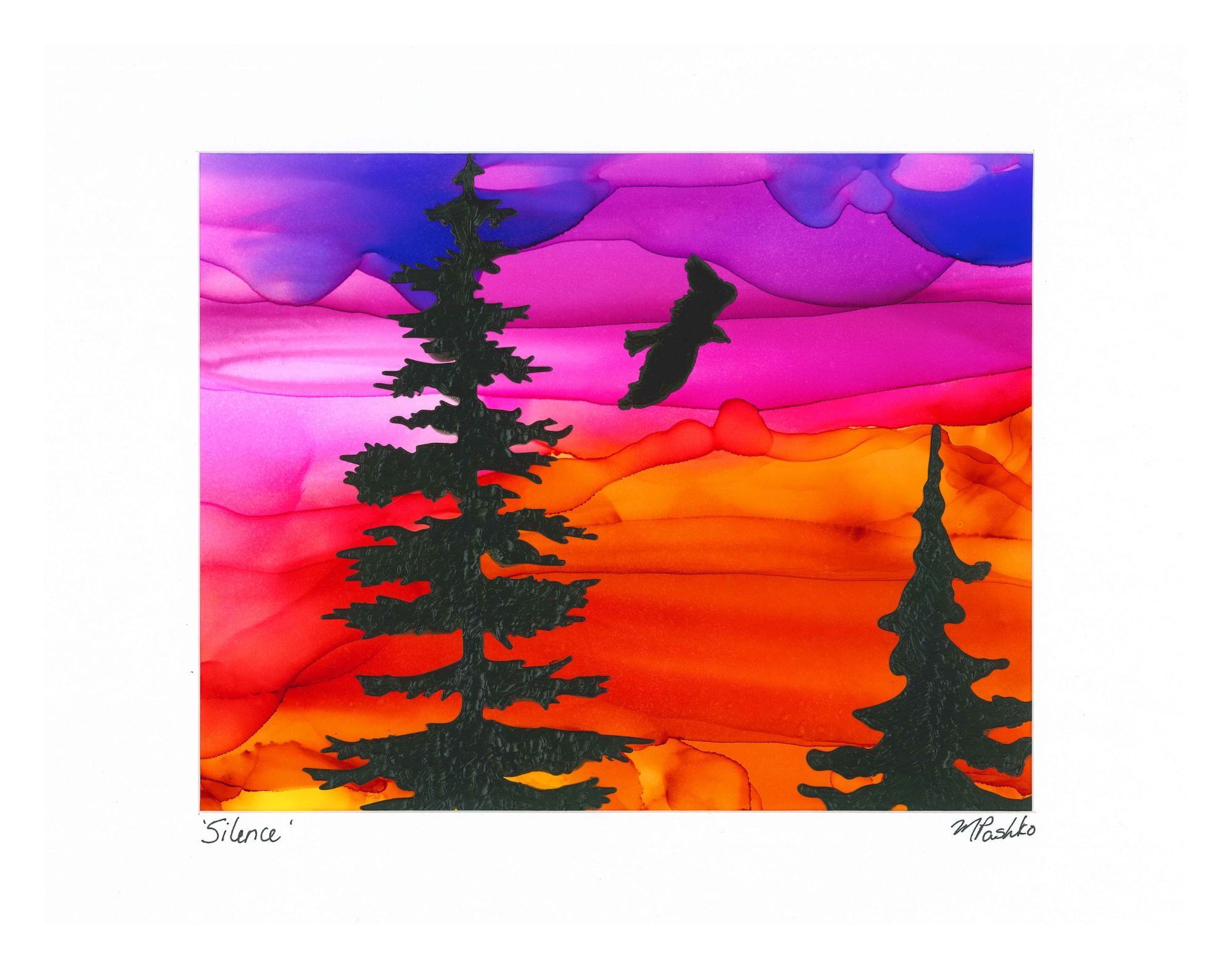 Silence - Original Acrylic and Alcohol Ink Sunset Painting 12x15" Framed