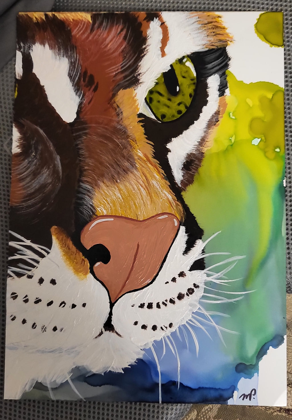 Patience- Original Acrylic Ocelot Painting on Alcohol Ink Background 12x15" Framed