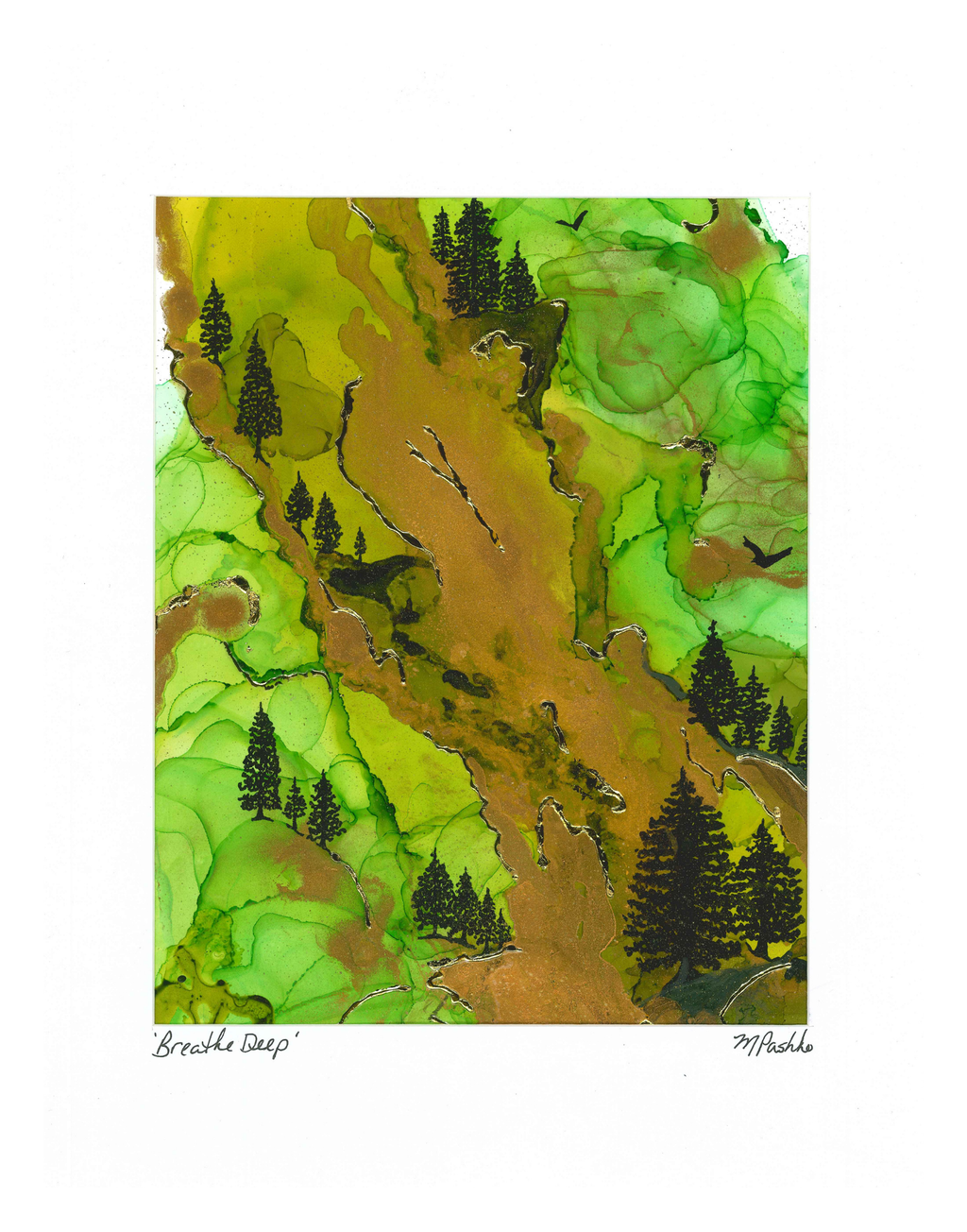 Breathe Deep - Original Acrylic, Gold Gilding, and Alcohol Ink Mountainside Painting 12x15" Framed