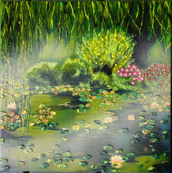 Peaceful Reflections - Original Acrylic Impasto Pond Landscape Artwork 12x12"