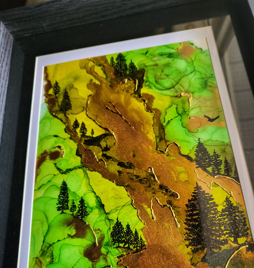 Breathe Deep - Original Acrylic, Gold Gilding, and Alcohol Ink Mountainside Painting 12x15" Framed