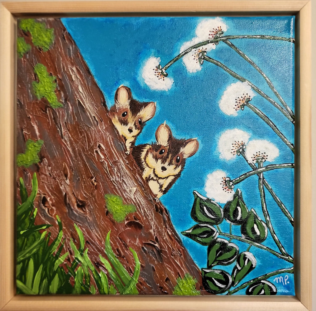 Shy Partners - Original Acrylic Chipmunks Impasto Painting 12x12" Framed